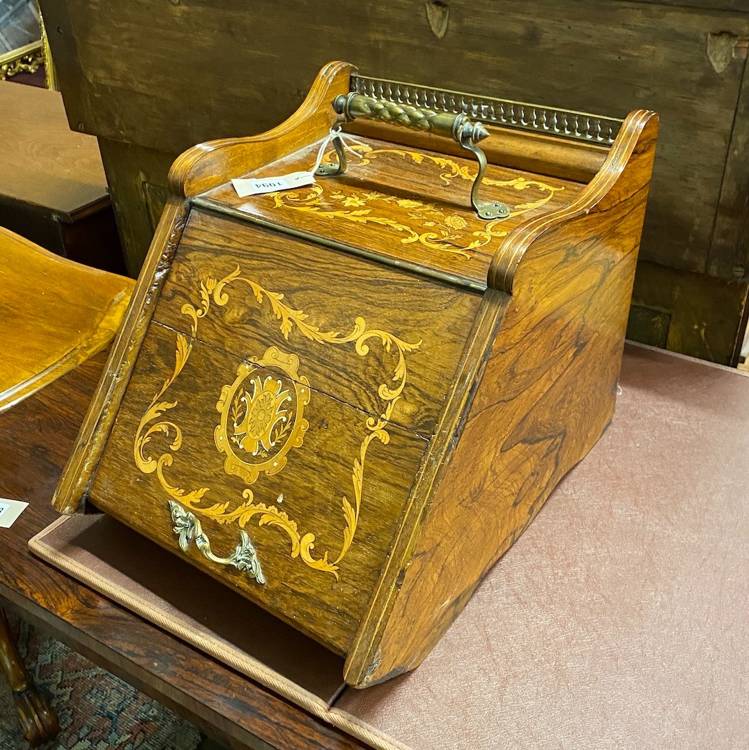 A late Victorian marquetry inlaid rosewood coal scuttle with scoop, width 34cm, depth 47cm, height 35cm